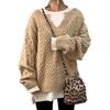 Brown Cable Knit V-Neck Loose Fit Long Sleeve Sweater