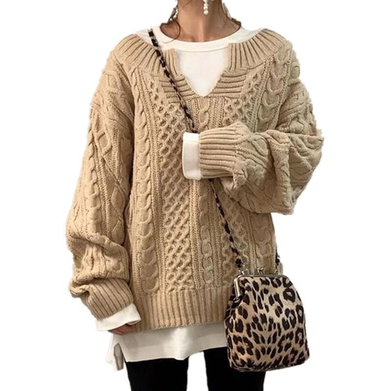 Brown Cable Knit V-Neck Loose Fit Long Sleeve Sweater