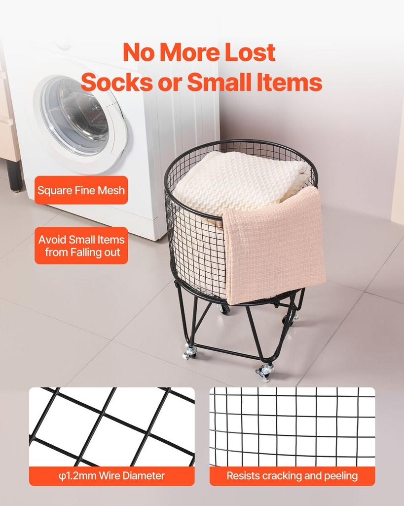 Laundry Cart, Rolling Round Grocery Utility Cart with 360° Swivel Wheels, 27 KG Large Load Capacity, Heavy Duty Carbon Steel Shopping Basket for