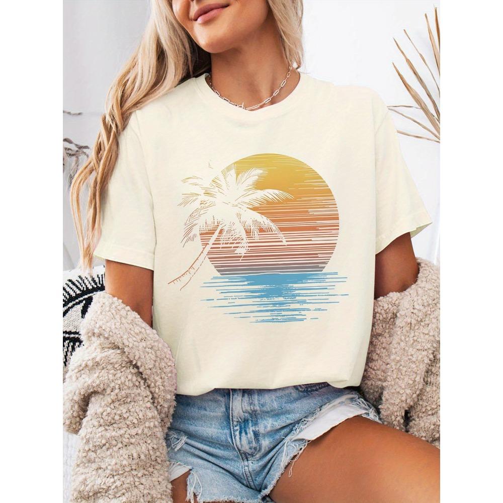Tropical Palm Tree T-Shirt Soft Women's Tropical Palm Tree Graphic T-Shirt Short Sleeve Crew Neck Summer Woman