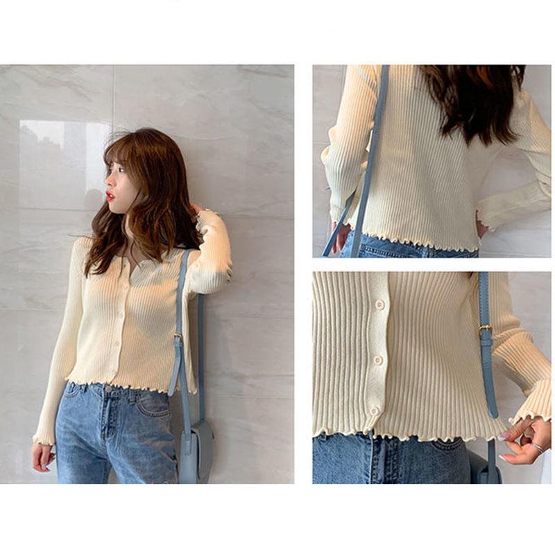 Women's Wooden Ear Knitted Cardigan Short Spring and Autumn Thin Fashion Slim Sweater Coat