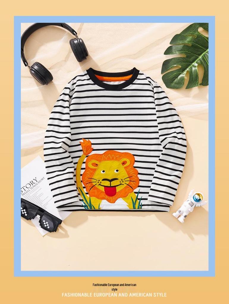 2025 Autumn/Winter Children's Long-Sleeve T-Shirt with Cartoon Lion Embroidery and Floral Design