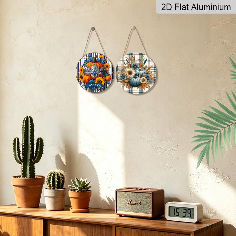 1Pc/2Pcs 2D Flat Aluminium Round Sign, Happy Fall Blue White Porcelain Pumpkin Sunflower Floral Metal Wall Art, Elegant Autumn Harvest Thanksgiving