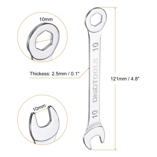 uxcell 2-Piece Combination Spanner Ratchet Wrench, Thin Type, Metric, 10mm, CR-V Chrome Plated Steel, 6-Point Box End, 15 Offset, Open End, Silver