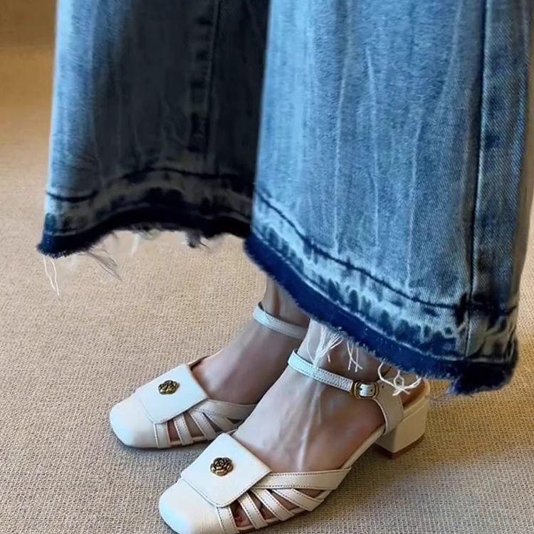 Keep version~ Camellia retro thick heel bag head sandals women's spring and summer new hollow woven Roman sandals women