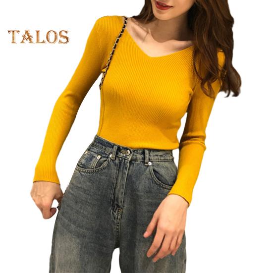 Moteriški viršūnės V formos iškirpte ilgomis rankovėmis Slim Fit megztinis megztinis Vienspalvis megztinis su rumbuota apačia Elastingas trikotažas