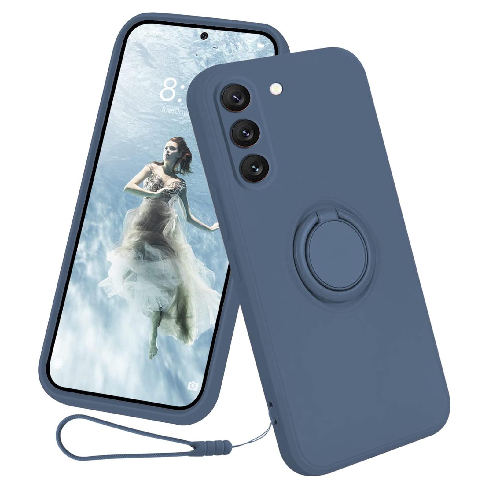 

For Samsung Galaxy S23+ Protective Phone Case Ring Kickstand Liquid Silicone Phone Cover with Lanyard Blue