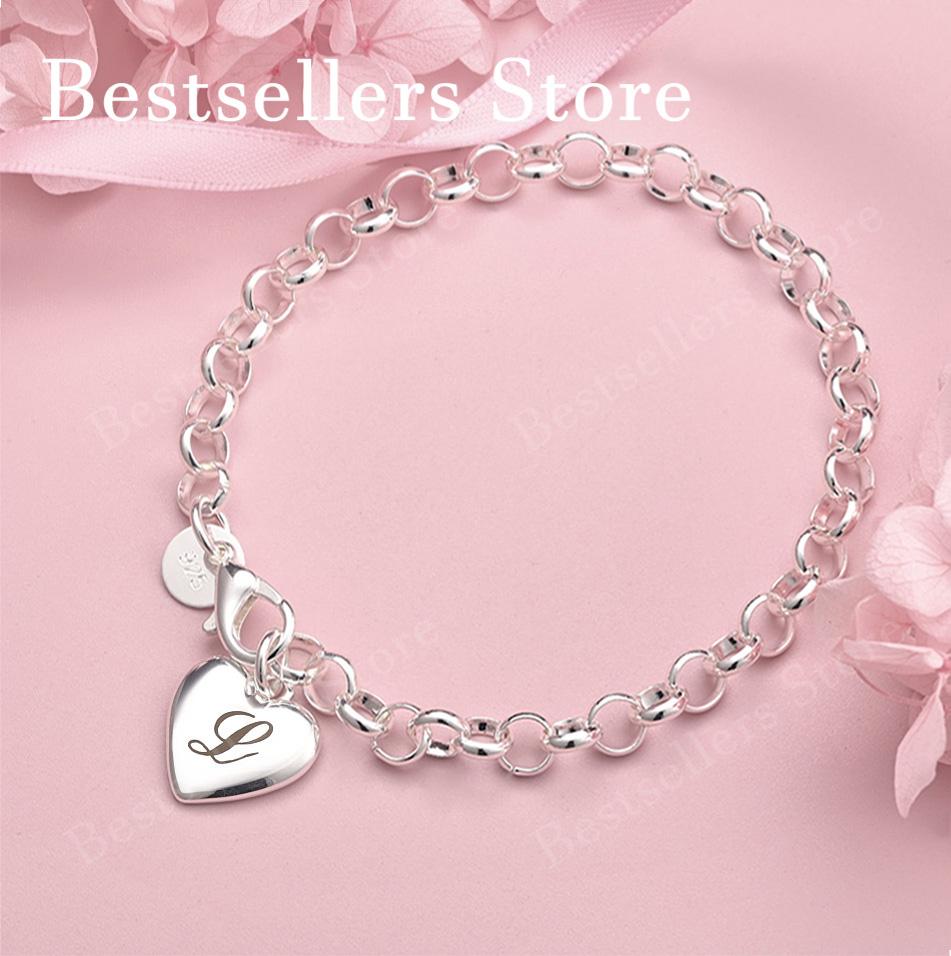Luxury 925 sterling silver 8-inch 26 letter heart-shaped bracelet for women's fashionable wedding accessories