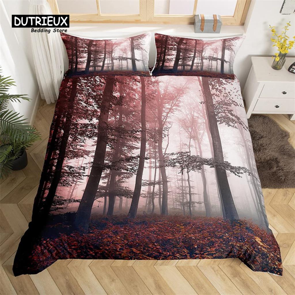 Dense Birch Trees with Red Leaves Duvet Cover Tree Lush King Bedding Set Polyester Jungle Nature Botanical Print Comforter Cover