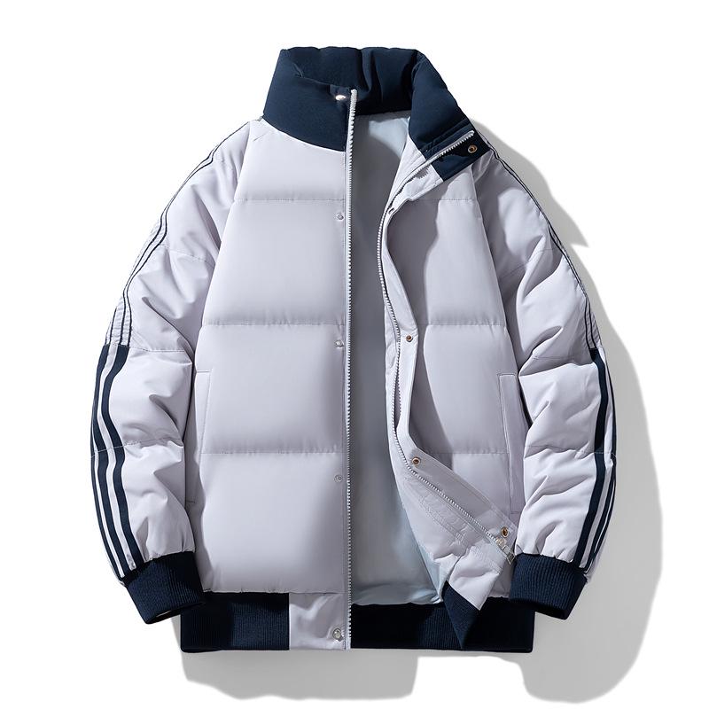 Men's Winter Color Block Stand Collar Jacket: Thick, Warm, Trendy, Versatile, and Casual Striped Outerwear for Couples