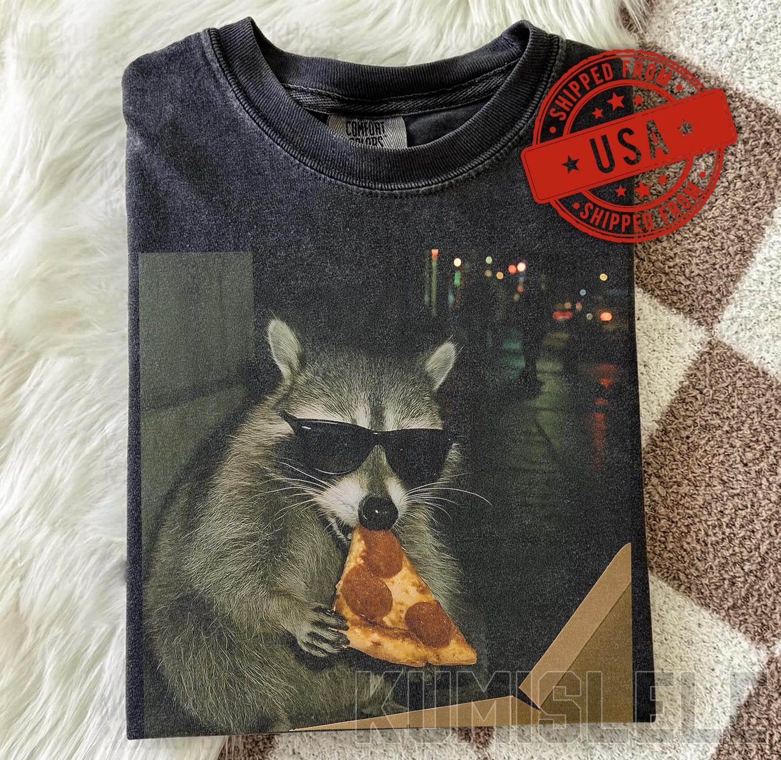 Comfort Colors Raccoon Eating Pizza T-Shirt | Funny Meme Graphic Tee, Vintage Silly Racoon Design XL