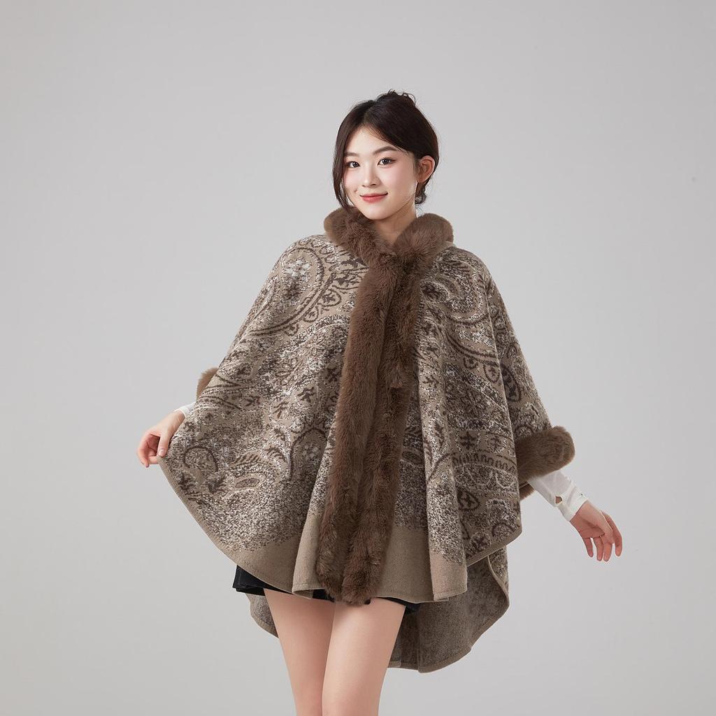 European & American Fall/Winter Faux Mink Fur Hooded Shawl Cape Woolen Cardigan for Women Plus Size