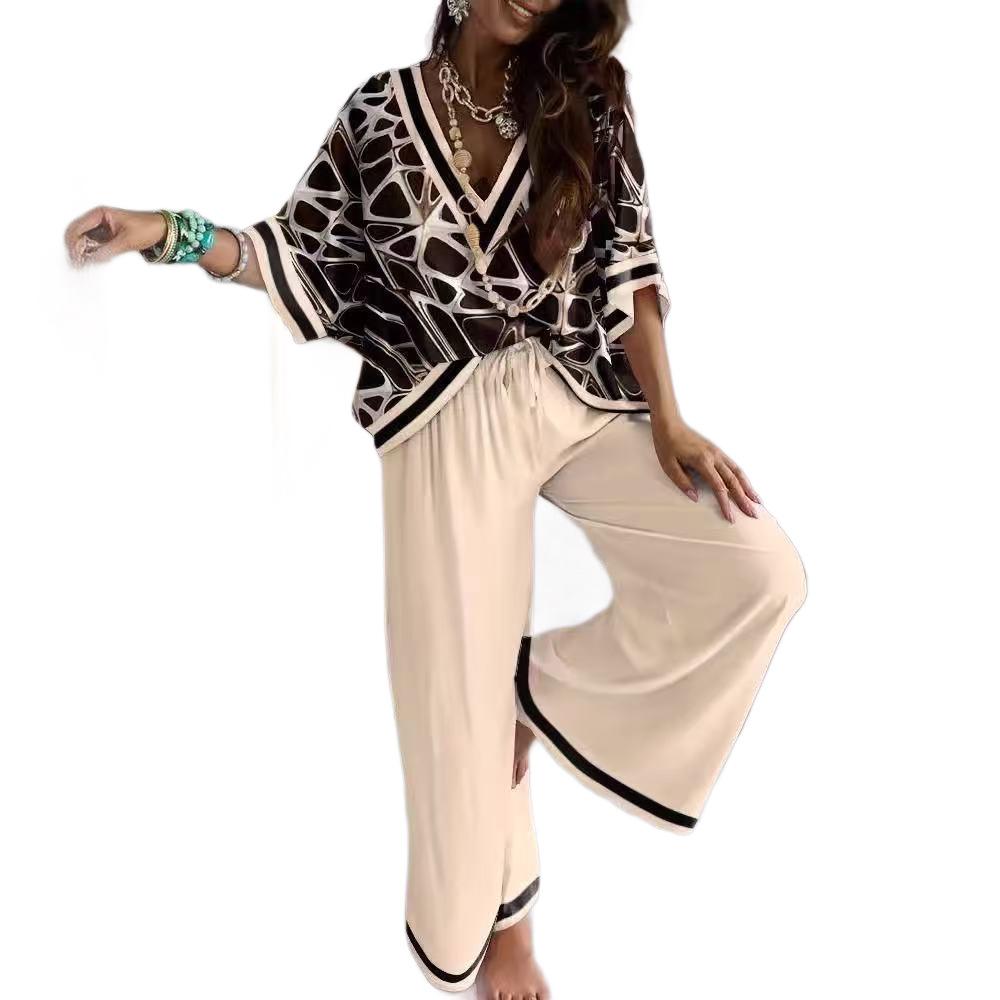 1116 New European and American Style V-neck Printed Bat-sleeved Wide-leg Pants Set Women's Casual Two-piece Set