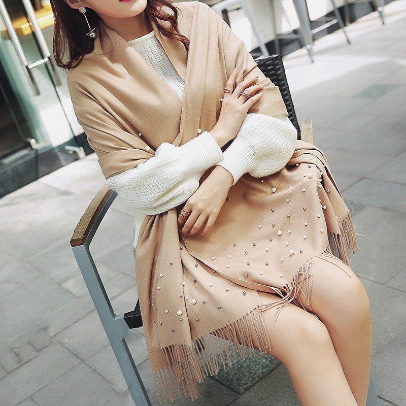 Luxury Pearls Solid Color Cashmere Scarf Women Winter Warm Pashmina Scarves Tassel Casual Bufanda Poncho Lady Wraps Shawls