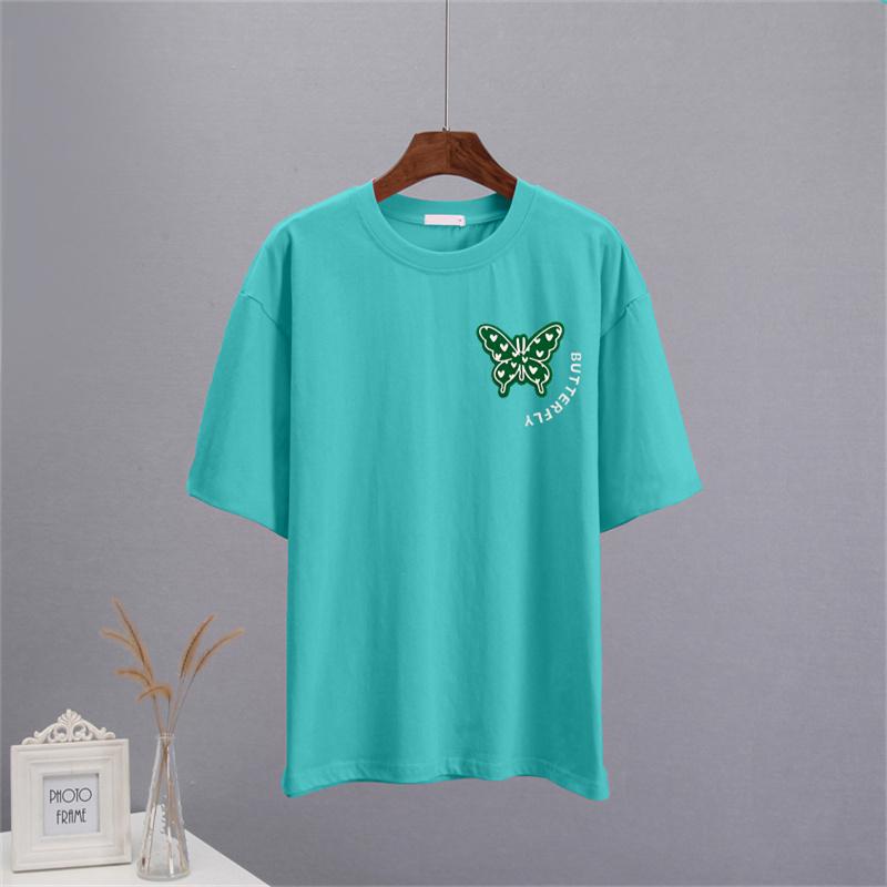 Shellsuning Sommer Baumwolle O Neck T Shirts Frauen Schöne Schmetterling Kurzarm 3D Brief Drucken Tees Lose Weiche Grundlegende Weibliche tops