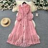 French Temperament Elegant Heavy Industry Bead Lapel Lantern Sleeve Single-breasted Strap Waist Thin Lace Dress Women