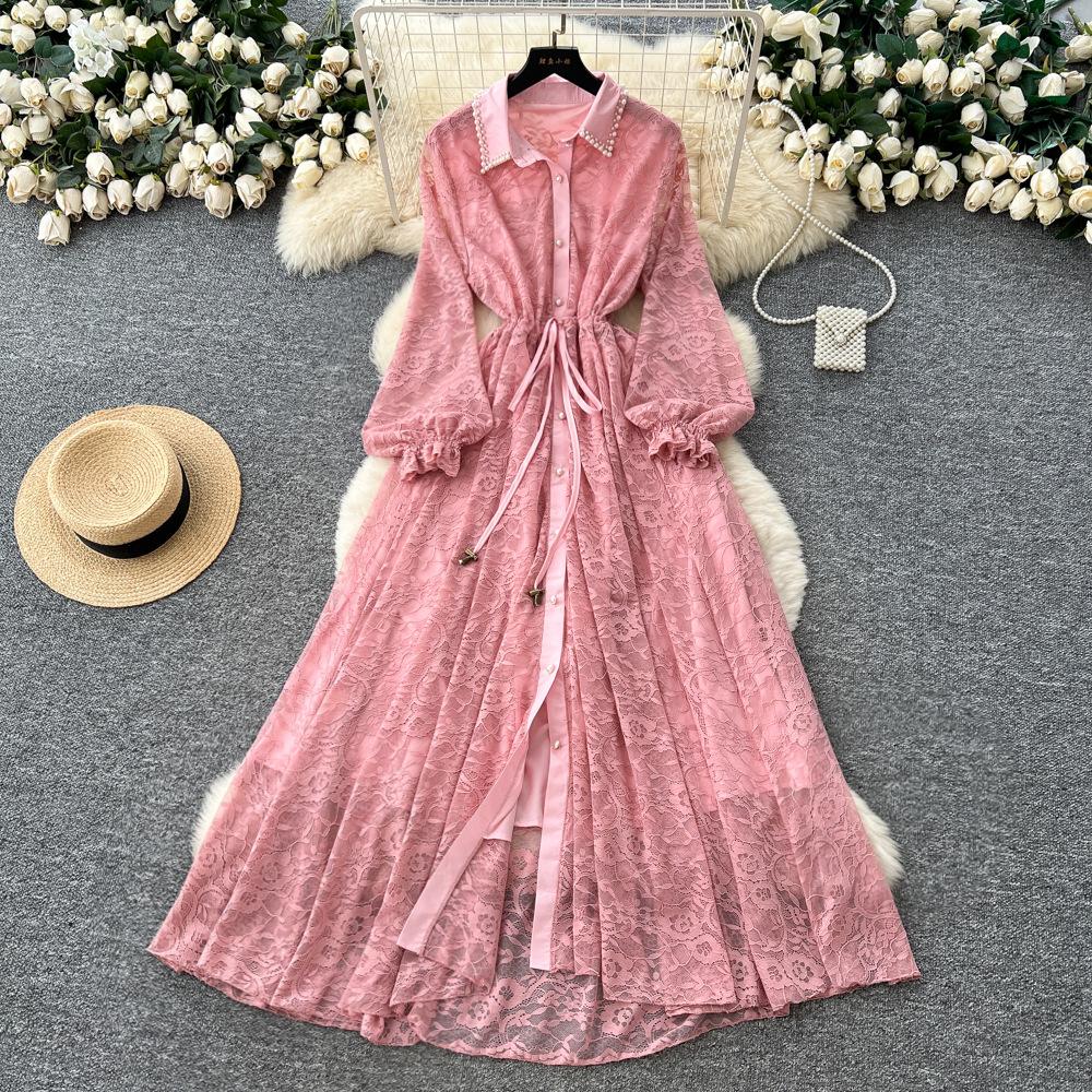 French Temperament Elegant Heavy Industry Bead Lapel Lantern Sleeve Single-breasted Strap Waist Thin Lace Dress Women