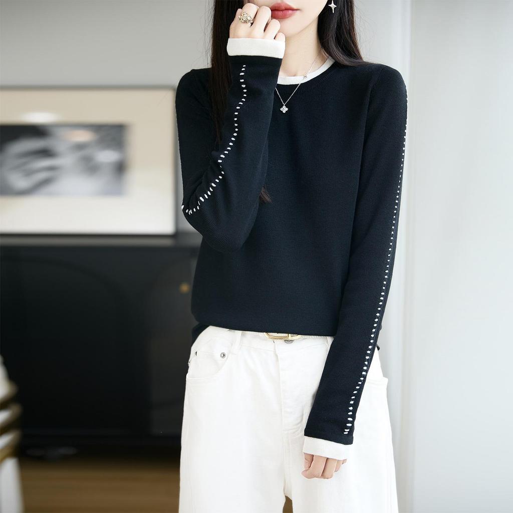Women's Slim Fit Contrast Color Wool Pullover - Soft, Long-Sleeve Round Neck for Autumn & Winter