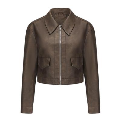 Kunstlederjacken für Damen, dünnes bauchfreies Top, kurze Jacke, lange Ärmel, Revers, Reißverschluss, Mantel, lässig, stilvolle Oberbekleidung