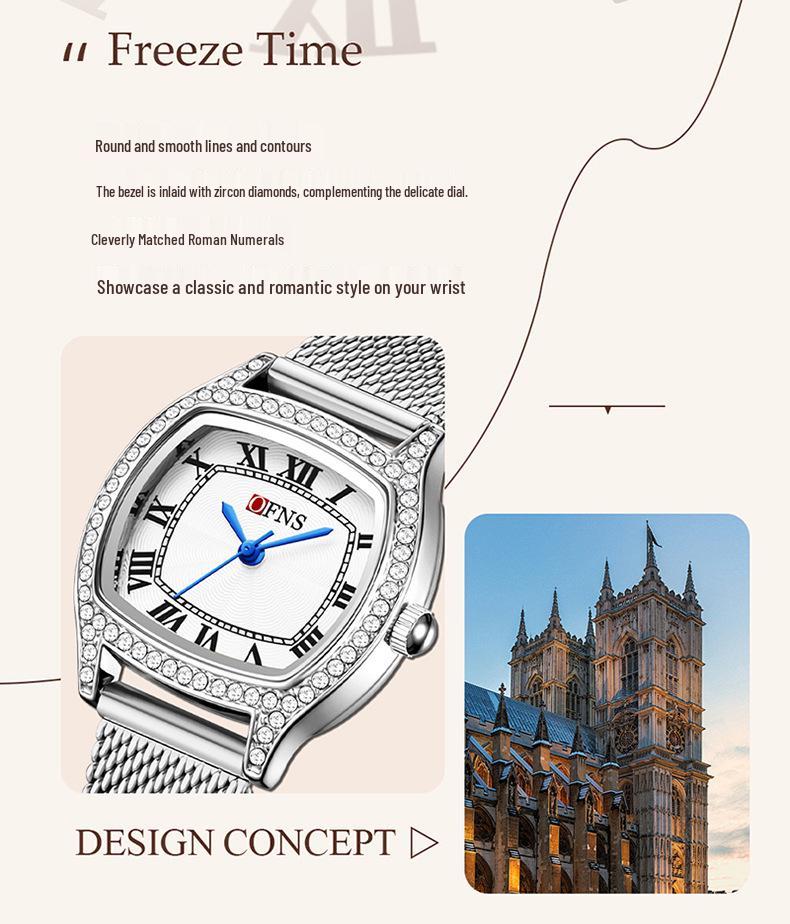 Retro Rhinestone Inlaid Roman Numerals Square Ladies Fashion Watch
