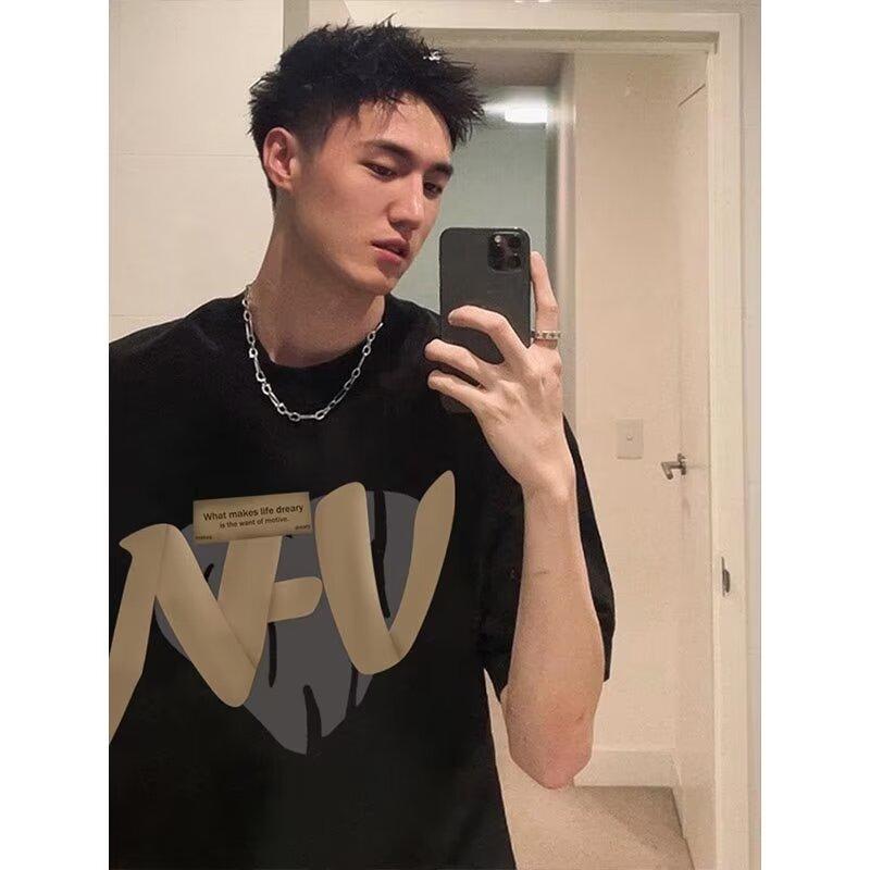 Men'S Trendy Letter Round Neck Printed Short Sleeved T-Shirt For Summer Ins Loose Casual Top