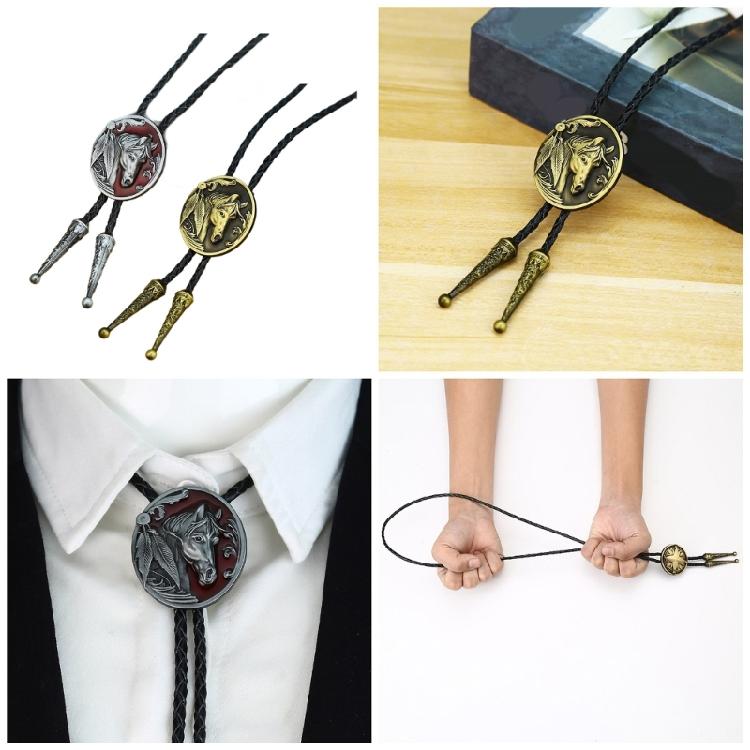 Men Bolo Tie Metal Horse Head Cowboy Hat Western Necklace Costume Accessories