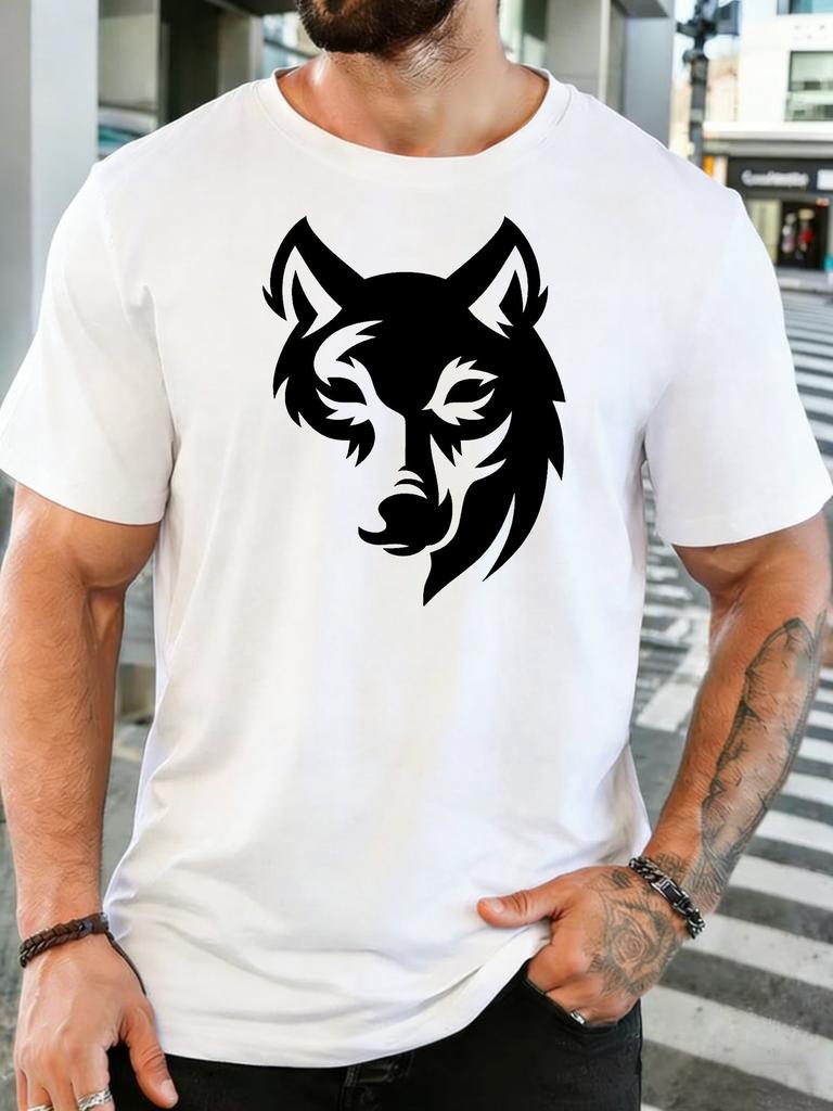 Unisex Tribal Wolf Head Art Graphic Cotton Short Sleeve Tee Crew Neck Soft Male Summer Casual Breathable Daily Street Wear Top