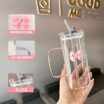 Korean Style Glass Mug with Bow with Straw Lid Suitable for Making Coffee Cup Milk Cups Hot Cold Drinks Ideal Gift for Friends
