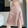 Five Point Fringed Pink Jeans for Women In Summer High Waist Slimming Loose and Wide Leg Mid Length Pants