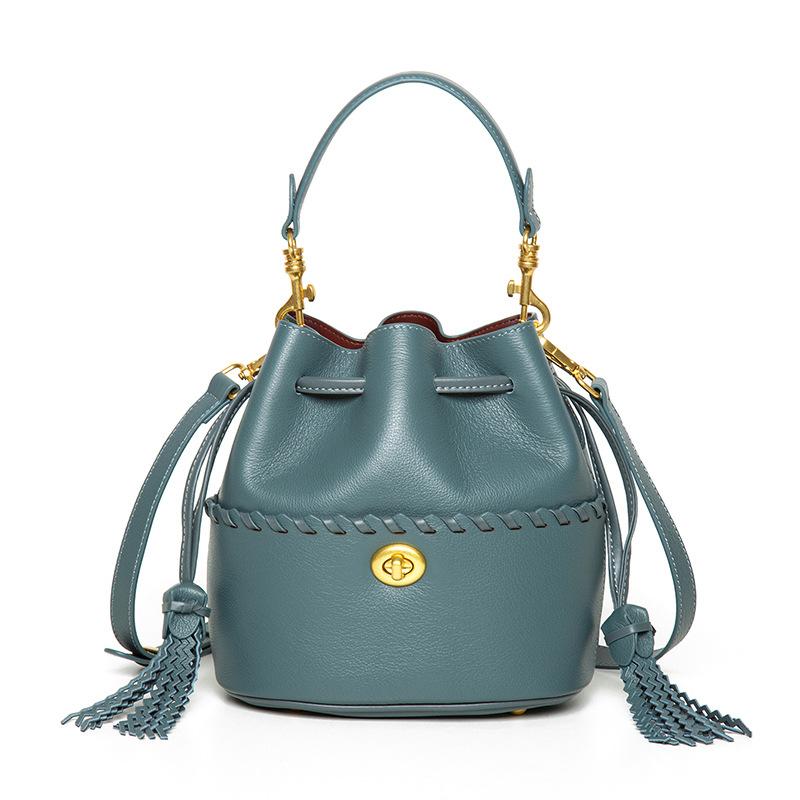 Erste Schicht Rindsleder Personalisierte Bucket Schulter Messenger Bag Mode Kordelzugtasche Echtes Leder Handtasche Damen