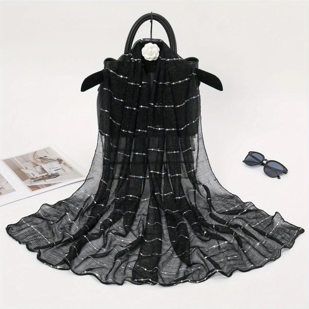 1 Stück Frühling und Herbst Damen Hoch elastische Paillettenketten Schal, Dochtsilk Langes Tuch, Indisches Tuch, Schiebesilktuch