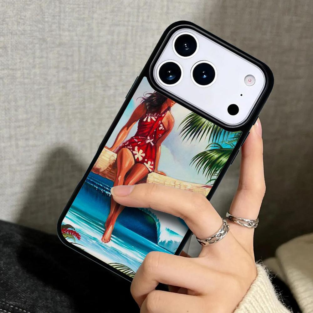 Capa Case for iPhone 17 Air 16 Pro Max 15 Plus 11 13 Mini 14 12 Back Phone Cover HAWAII BEACH SURF GIRL SURFING ART