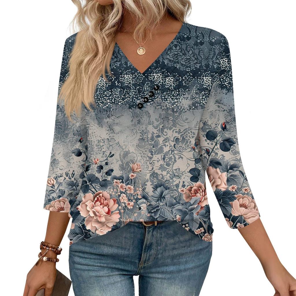 Women's Print Top Button-down V-neck T-shirt 3/4 Sleeve Loose Fashion Top