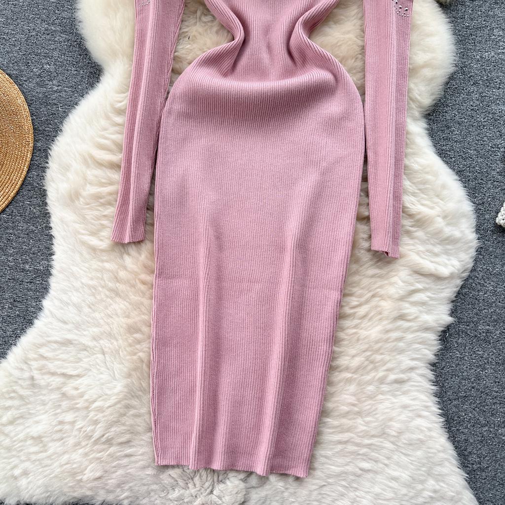 Elegante strass con spalle scoperte manica lunga maglia aderente abito tubino slim basic moda maglione vestido abbigliamento invernale sexy