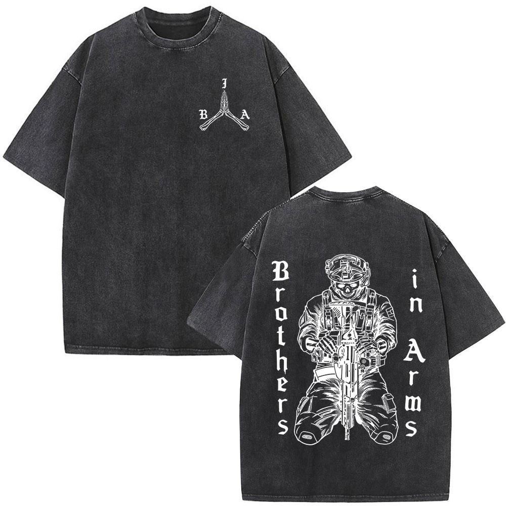 

Vintage Washed Brothers in Arms Skeleton Double Sided Printed Tshirt Men Women Clothing Casual Cotton Oversized T Shirts Tops S