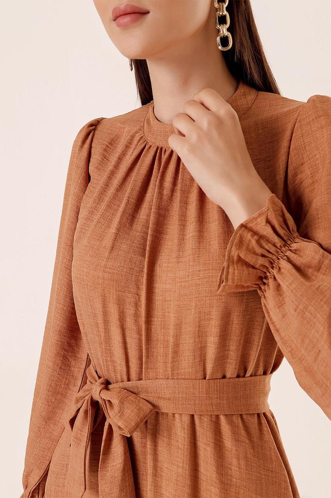 Linen Effect Long Dress with Belted Waist and Side Pockets