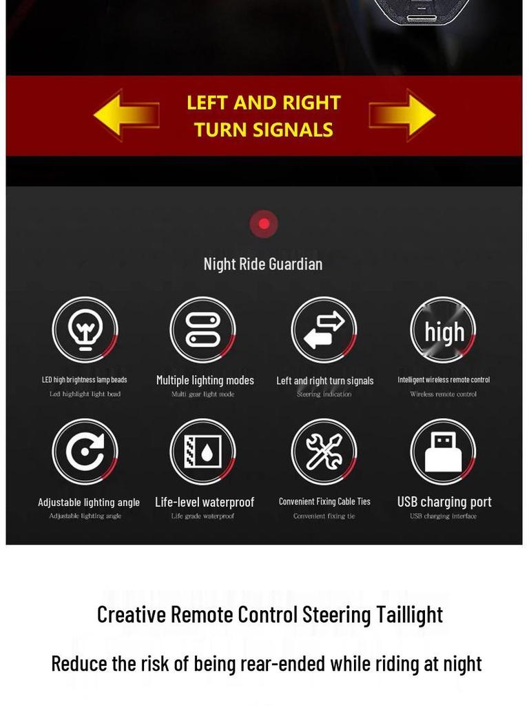 2024 USB Rechargeable Bicycle Turn Signals with Horn and Wireless Remote-Controlled Bright Rear Light for Night Riding.