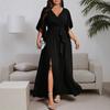 Plus Size Women Cross V Neck Frill Short Sleeve High Waist Long Banquet Evening Dress