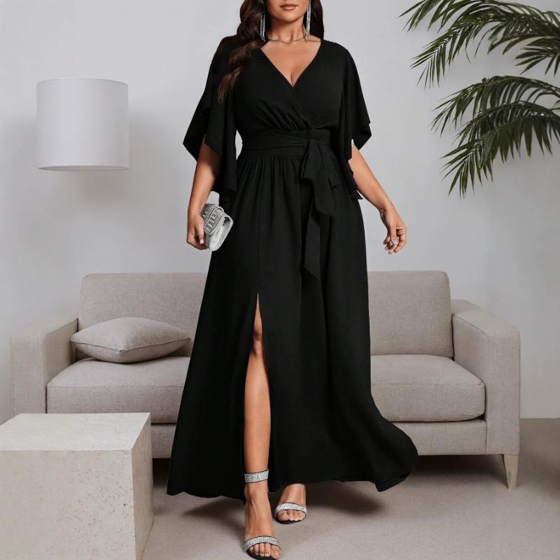 Plus Size Women Cross V Neck Frill Short Sleeve High Waist Long Banquet Evening Dress
