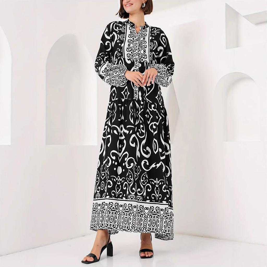 Elegant Long Sleeve V-Neck Arabic Black Dress with Islamic Print