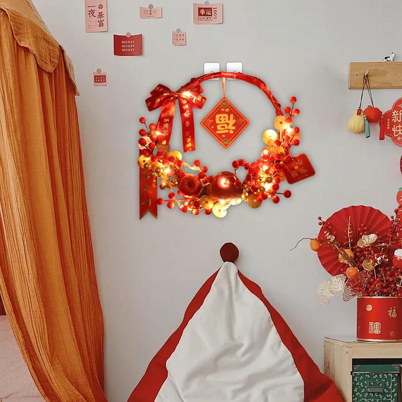 New Year Red Artificial Flower Ornament Good Luck Traditional Chinese Signs Front Door Wreath Artificial Wreath Built-in Led