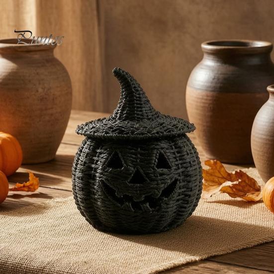 Black Braided Halloween Prop Handwoven Pumpkin Basket with Witch Hat Lid, Rustic Wicker Trick Fall Housewarming Gifts or Treat Bucket for Indoor