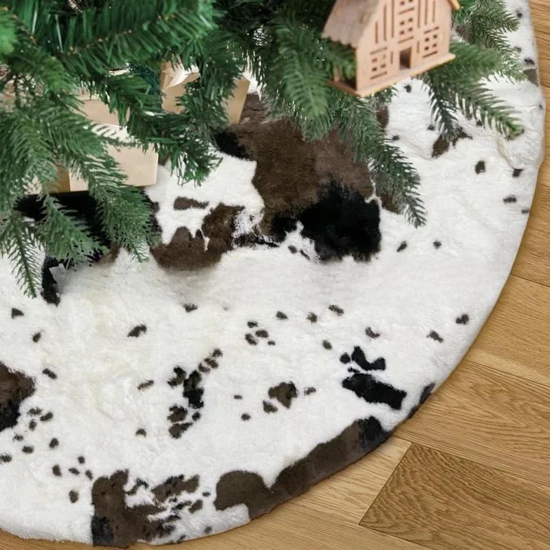1pcs Hot Selling Cow Print Fleece Christmas Tree Skirt Polyester Tree Mat for Home Decor Holiday Carpet Pad Home Decoration