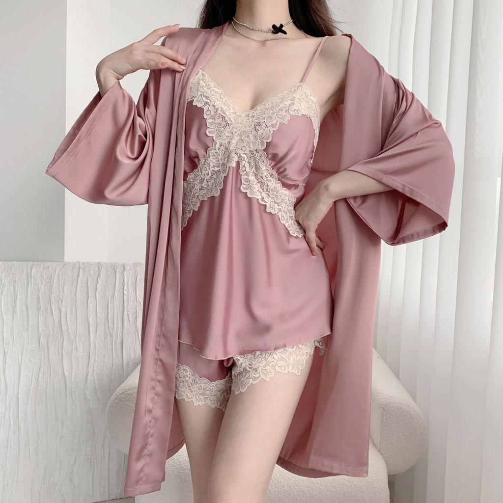 Růžový krajkový lem nevěsty svatební župan dámský 3dílný set pyžamového oblečení hedvábný saténový kimono župan šaty jaro léto volný saténový domácí oblečení
