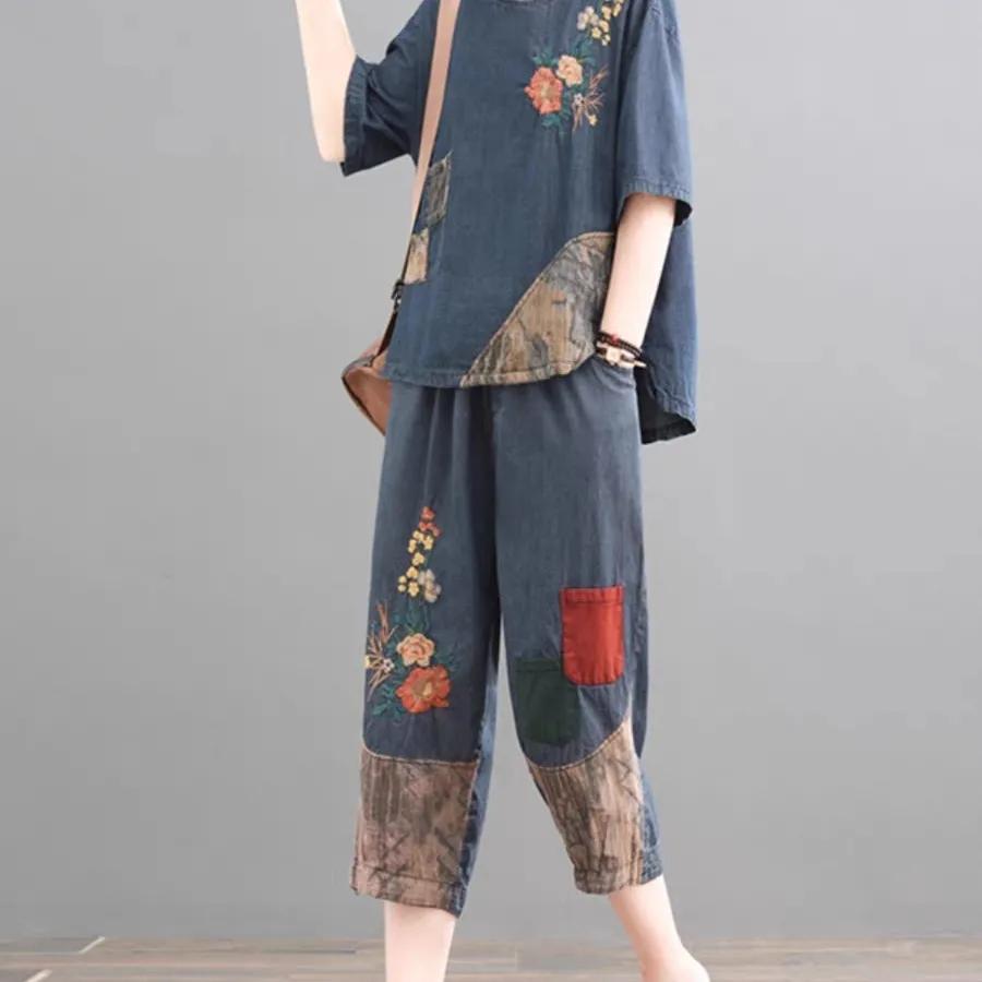Large Size Cover Meat and Thin Embroidered Ladies Denim Suit Fashion Western Style Age-reducing Fashionable Summer