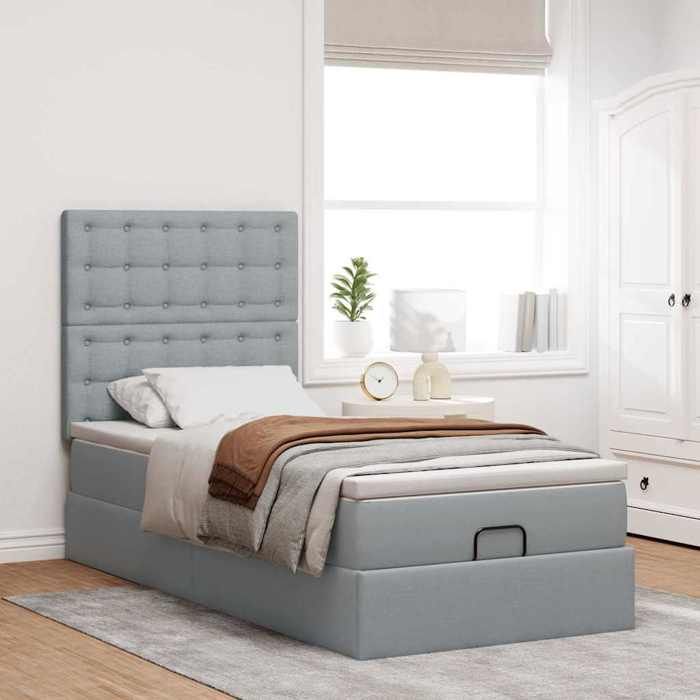 VidaXL Cadre de lit ottoman et matelas gris clair 100x200 cm tissu, cadre de lit, cadre de lit rembourré, cadre de lit 3313299
