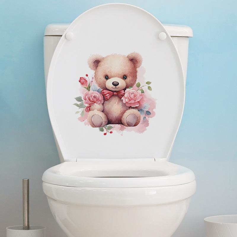 Cartoon Cute Bear with Roses Toilet Seat Sticker Bathroom Decor Removable Waterproof Wall Decal