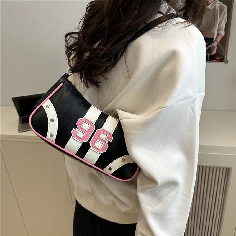 Y2K 96 Number Print Shoulder Bag, Retro Sporty Striped Hobo Purse, Casual Armpit Bag with Studded Detail for Streetwear & Daily
