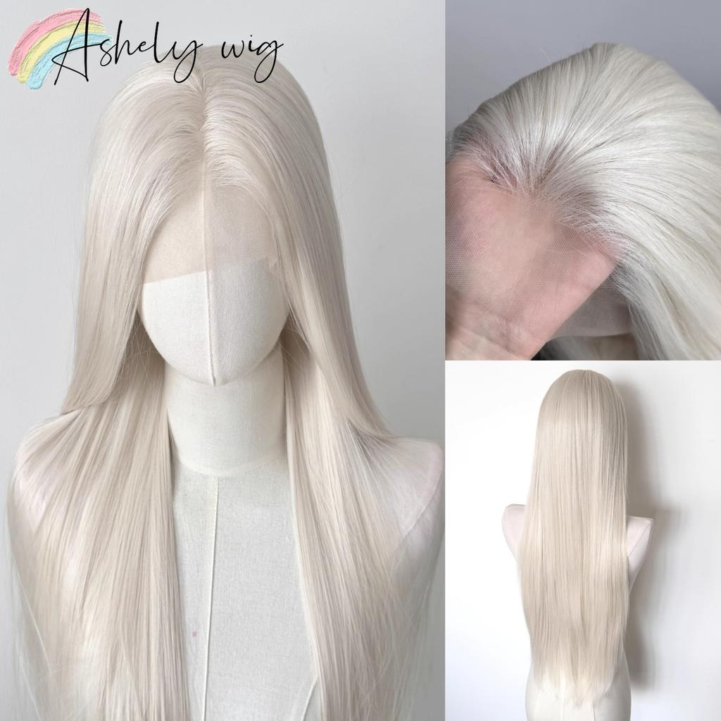 Platininė Perukė su Nėriniu Priekiu 13x4 Ilga Tiesi Balta Nėriniu Priekiu Perukai Aukštos Temperatūros Pluoštai Perukai Nėriniu Priekiu Priekinė Dalies Perukas Cosplay Perukas
