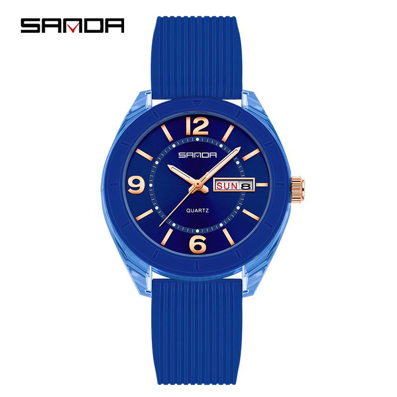 Orologio Sanda Dual Calendar al Quarzo da Studente con Lancette Luminose, Impermeabile, alla Moda, Cassa Rotonda Trasparente